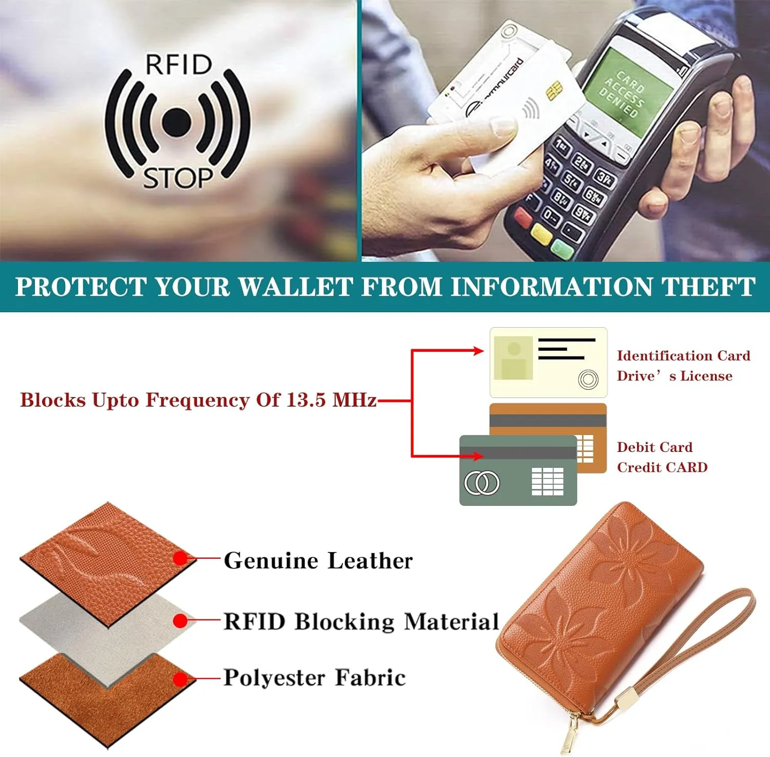 GOIACII Women's Wallet Wristlet Travel Long Purse RFID ladies Credit Card Wallet Embossed Flowers Leather Brown