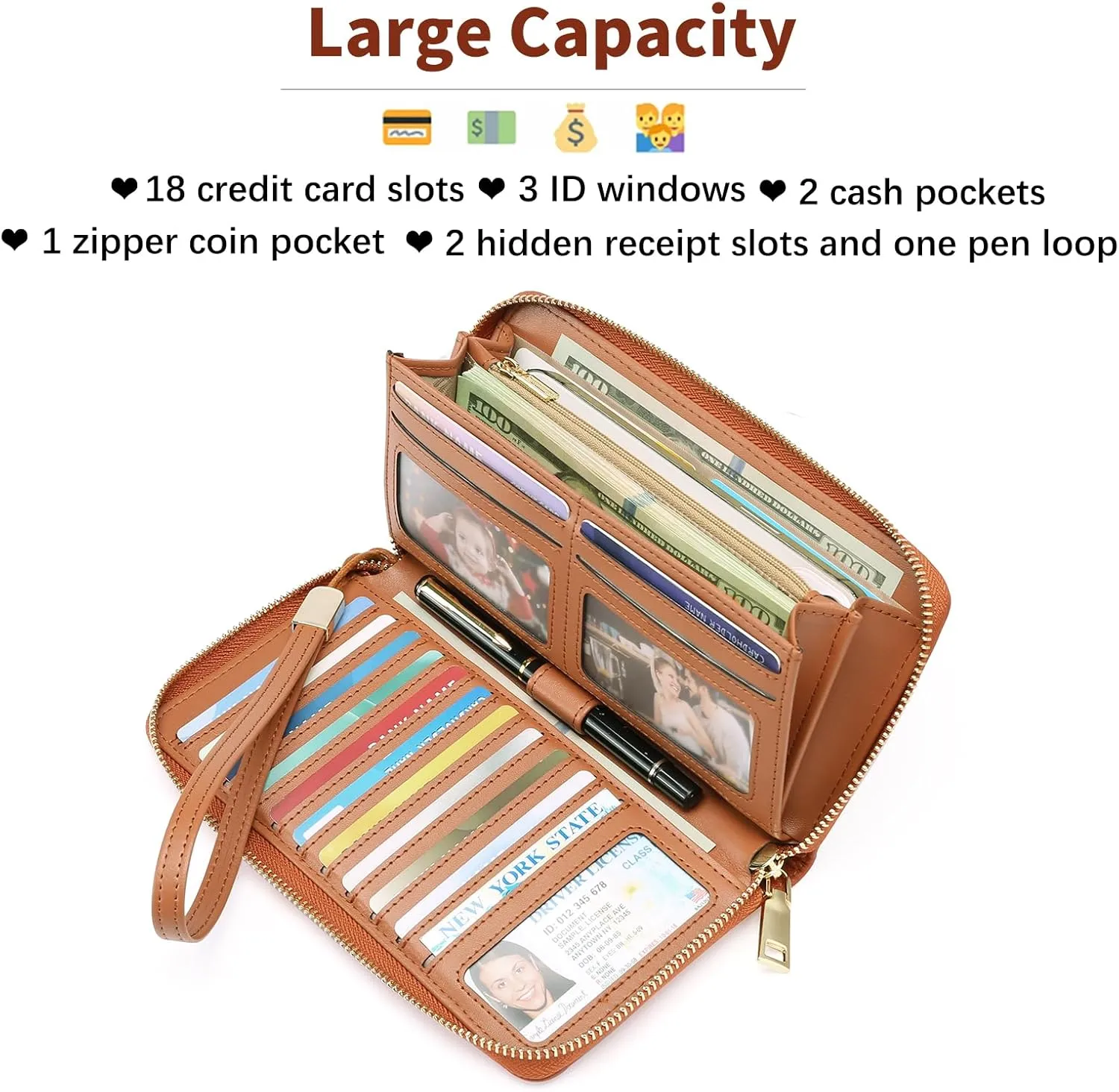 GOIACII Women's Wallet Wristlet Travel Long Purse RFID ladies Credit Card Wallet Embossed Flowers Leather Brown