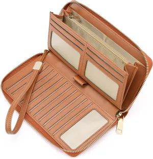 GOIACII Women's Wallet Wristlet Travel Long Purse RFID ladies Credit Card Wallet Embossed Flowers Leather Brown