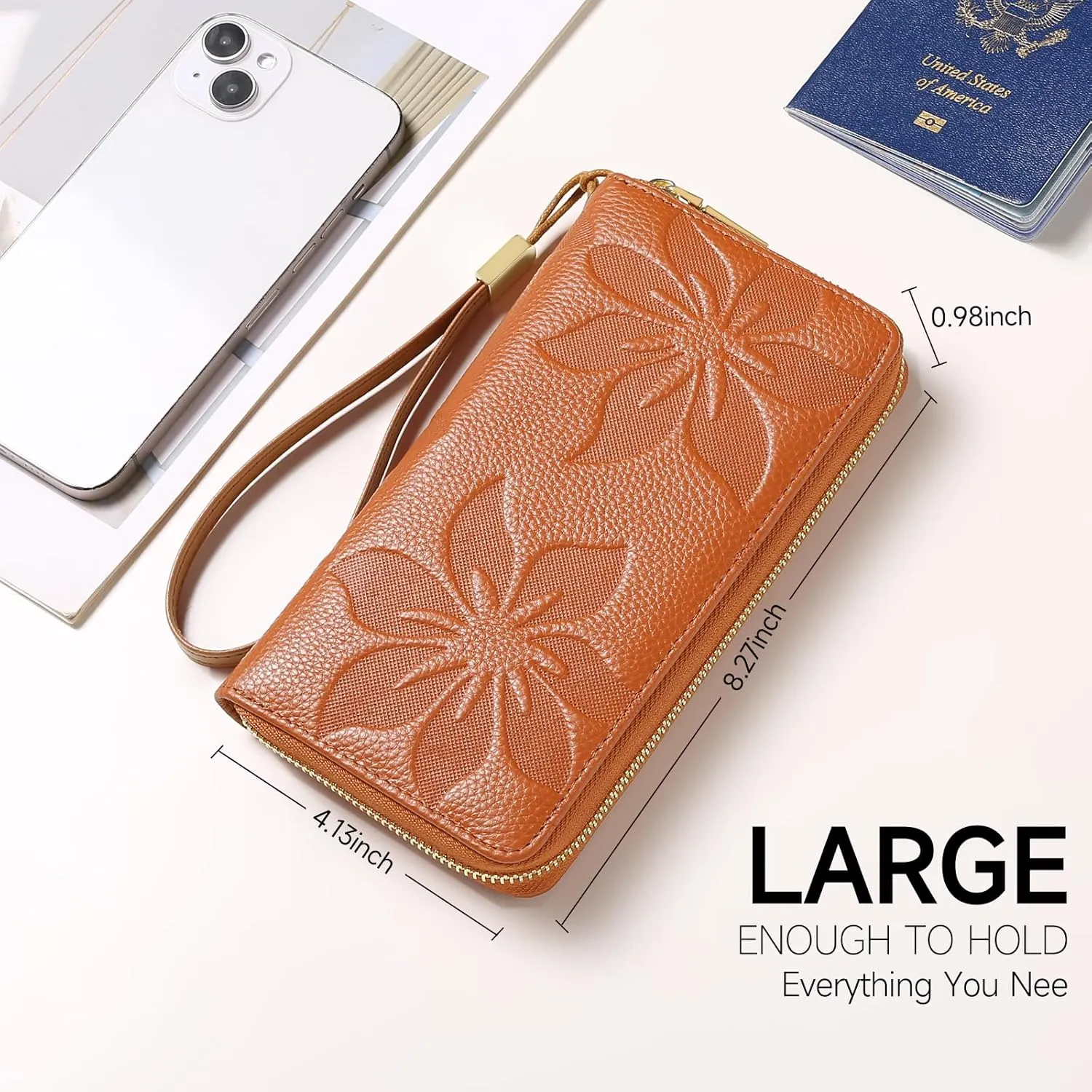 GOIACII Women's Wallet Wristlet Travel Long Purse RFID ladies Credit Card Wallet Embossed Flowers Leather Brown