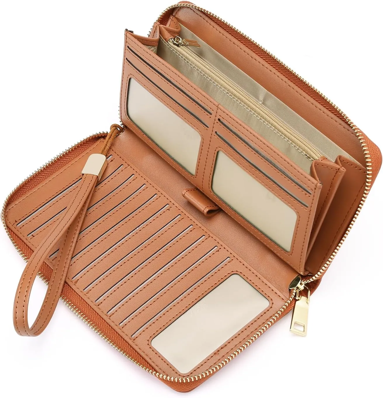 GOIACII Women's Wallet Wristlet Travel Long Purse RFID ladies Credit Card Wallet Embossed Flowers Leather Brown