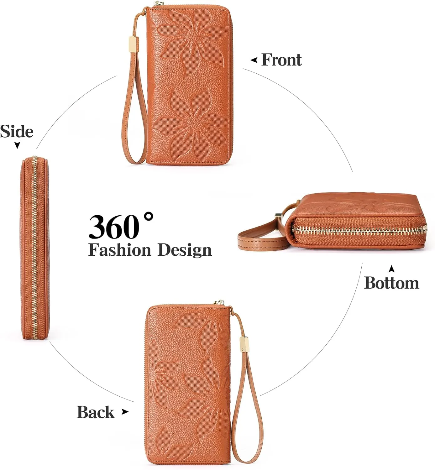 GOIACII Women's Wallet Wristlet Travel Long Purse RFID ladies Credit Card Wallet Embossed Flowers Leather Brown