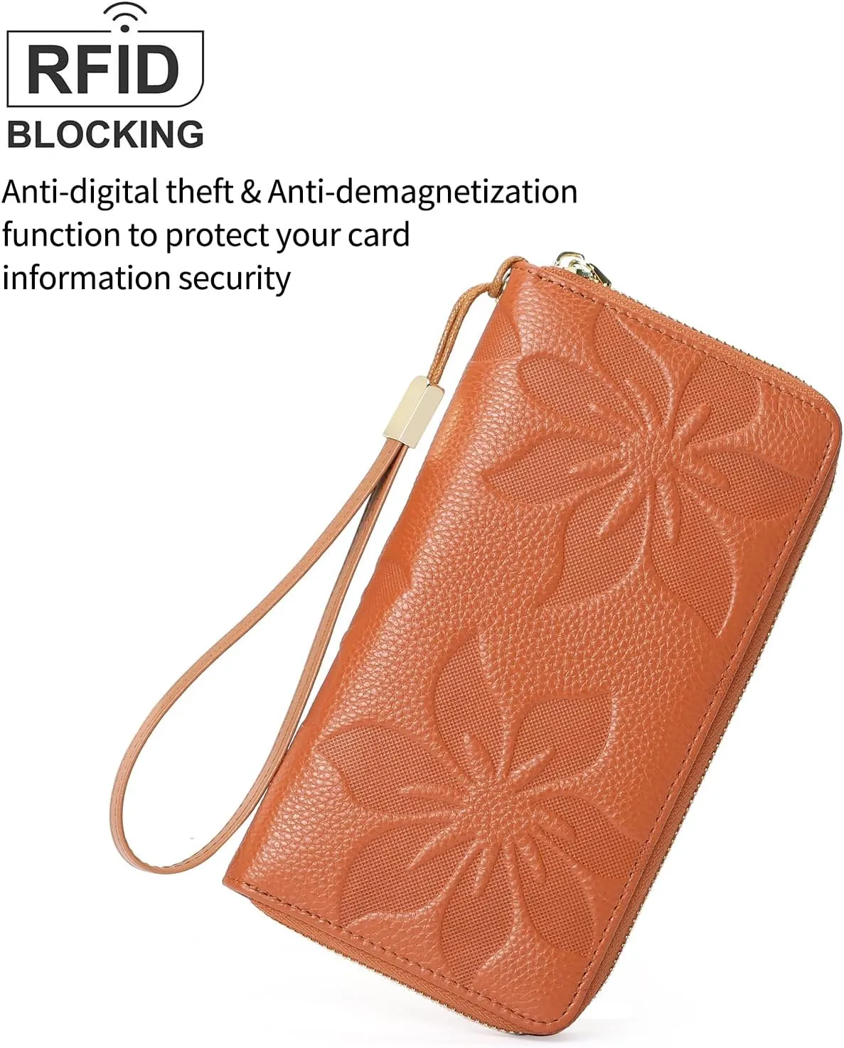 GOIACII Women's Wallet Wristlet Travel Long Purse RFID ladies Credit Card Wallet Embossed Flowers Leather Brown