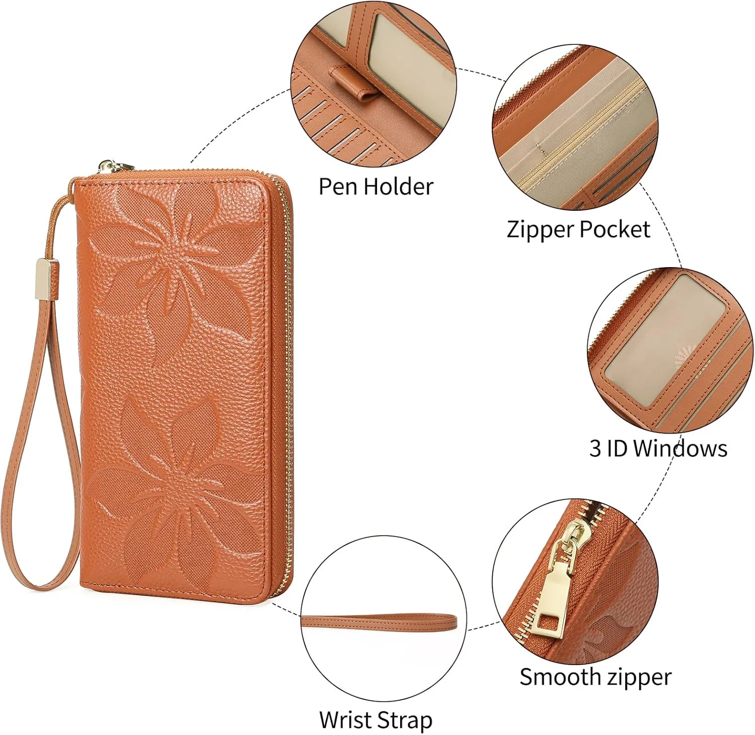 GOIACII Women's Wallet Wristlet Travel Long Purse RFID ladies Credit Card Wallet Embossed Flowers Leather Brown