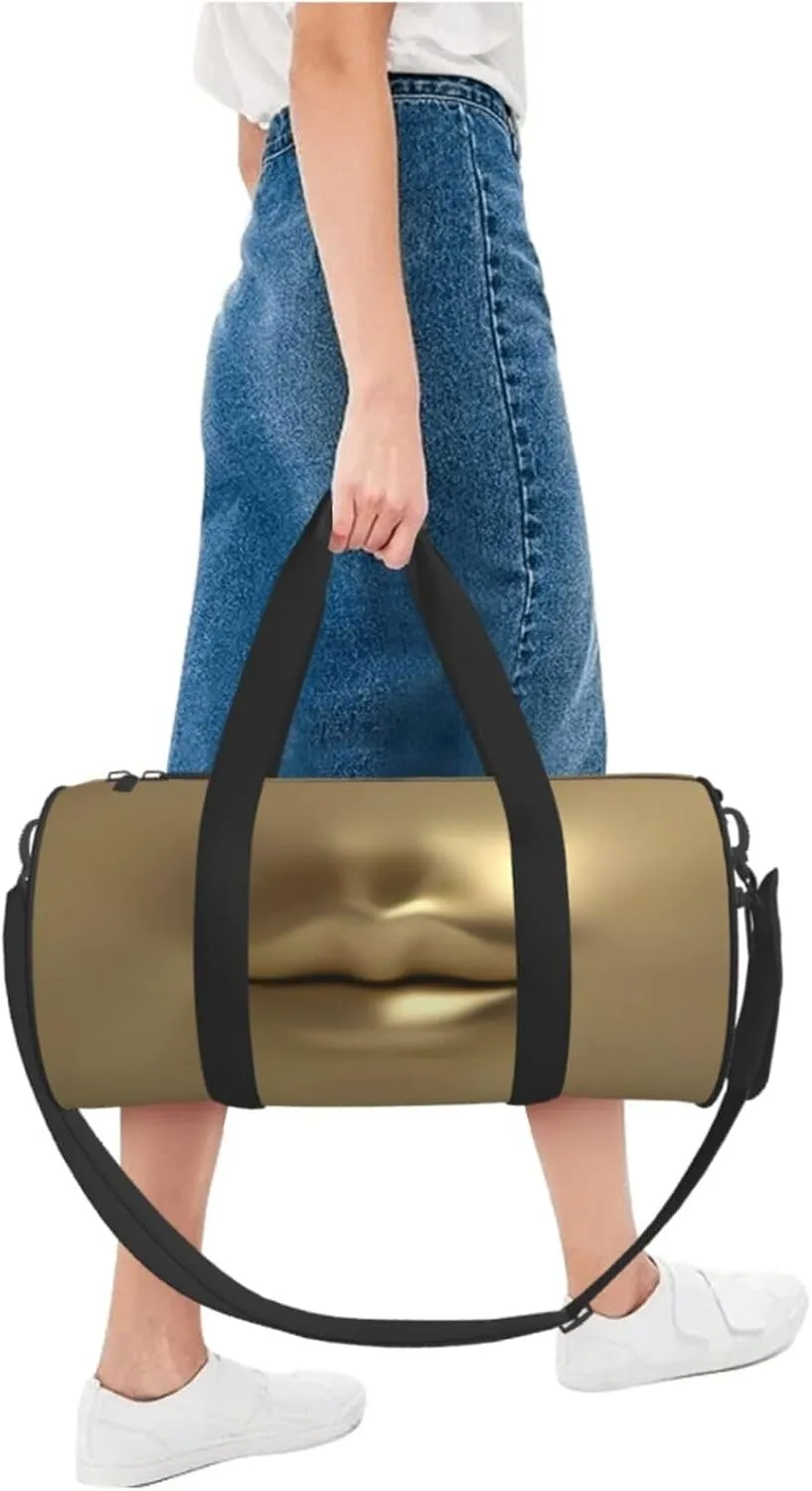 Gold 3D Lips Round Travel Duffel Bag Large Capacity Gym Sports Bags for Hiking Vacation Trips