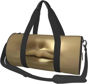 Gold 3D Lips Round Travel Duffel Bag Large Capacity Gym Sports Bags for Hiking Vacation Trips