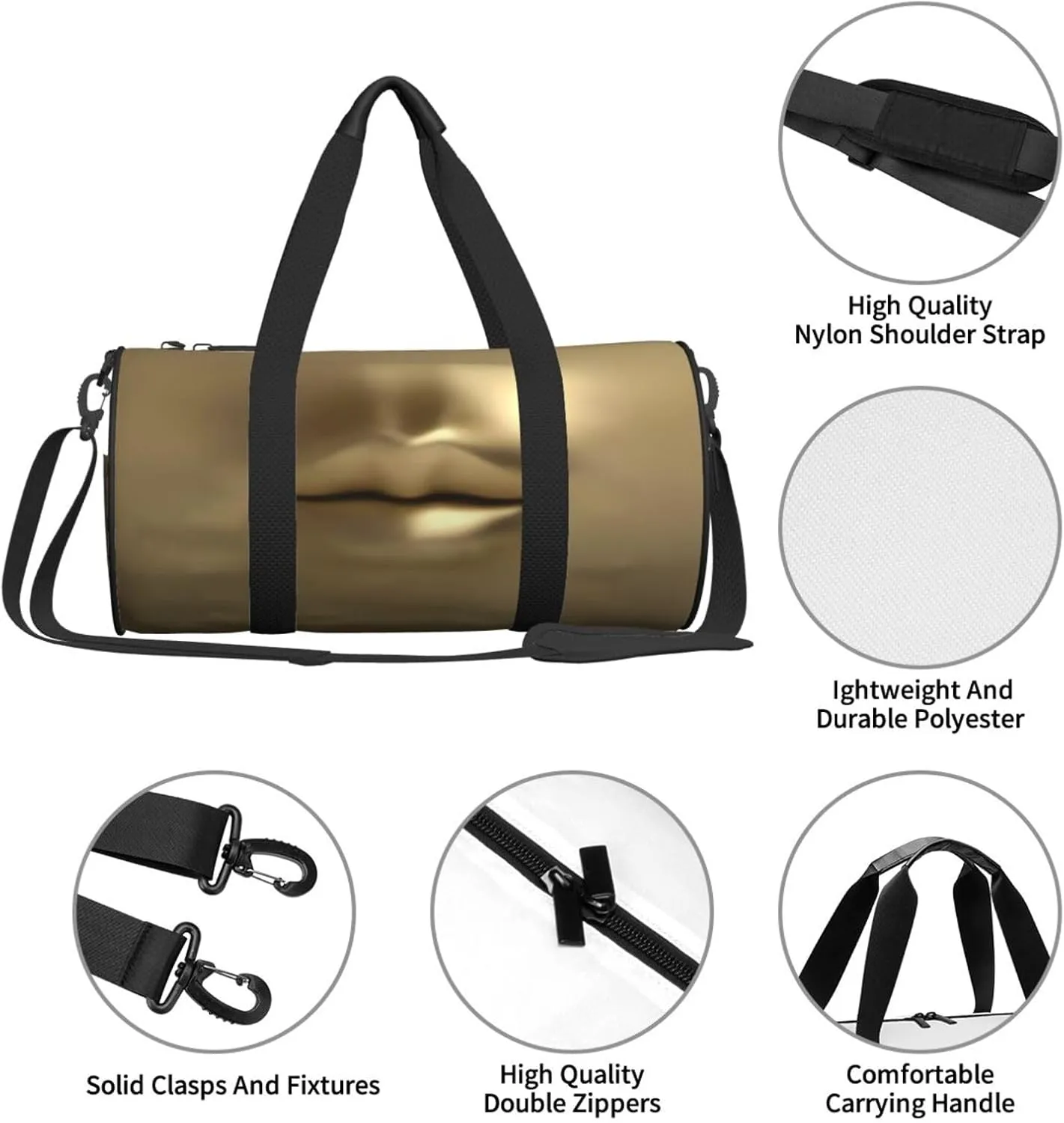 Gold 3D Lips Round Travel Duffel Bag Large Capacity Gym Sports Bags for Hiking Vacation Trips