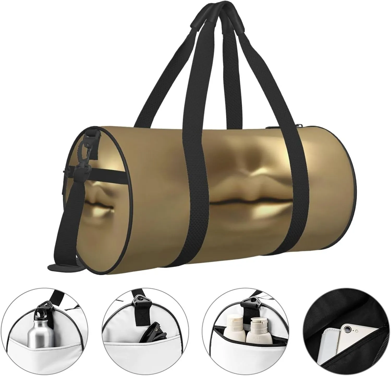 Gold 3D Lips Round Travel Duffel Bag Large Capacity Gym Sports Bags for Hiking Vacation Trips