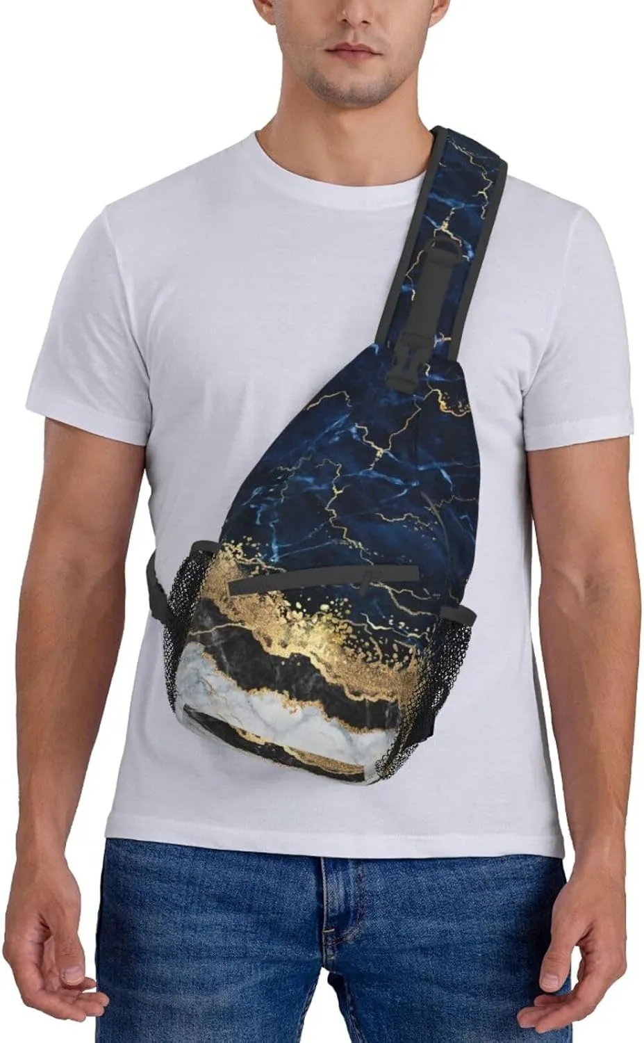 Gold White Marble Wave Navy Blue Sling Bag for Women Mens Crossbody Sling Backpack Travel Hiking Daypack Shoulder Chest Bag with Adjustable Strap