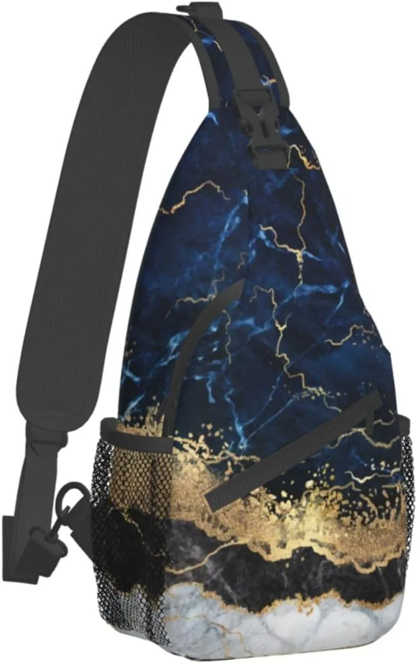 Gold White Marble Wave Navy Blue Sling Bag for Women Mens Crossbody Sling Backpack Travel Hiking Daypack Shoulder Chest Bag with Adjustable Strap