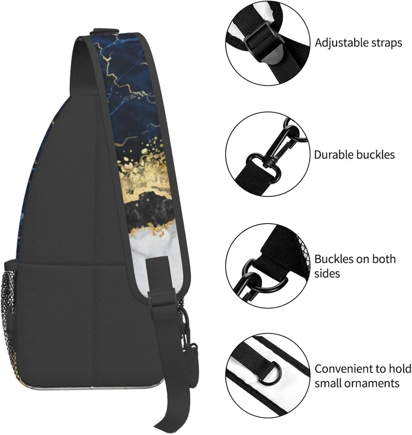 Gold White Marble Wave Navy Blue Sling Bag for Women Mens Crossbody Sling Backpack Travel Hiking Daypack Shoulder Chest Bag with Adjustable Strap