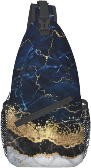 Gold White Marble Wave Navy Blue Sling Bag for Women Mens Crossbody Sling Backpack Travel Hiking Daypack Shoulder Chest Bag with Adjustable Strap
