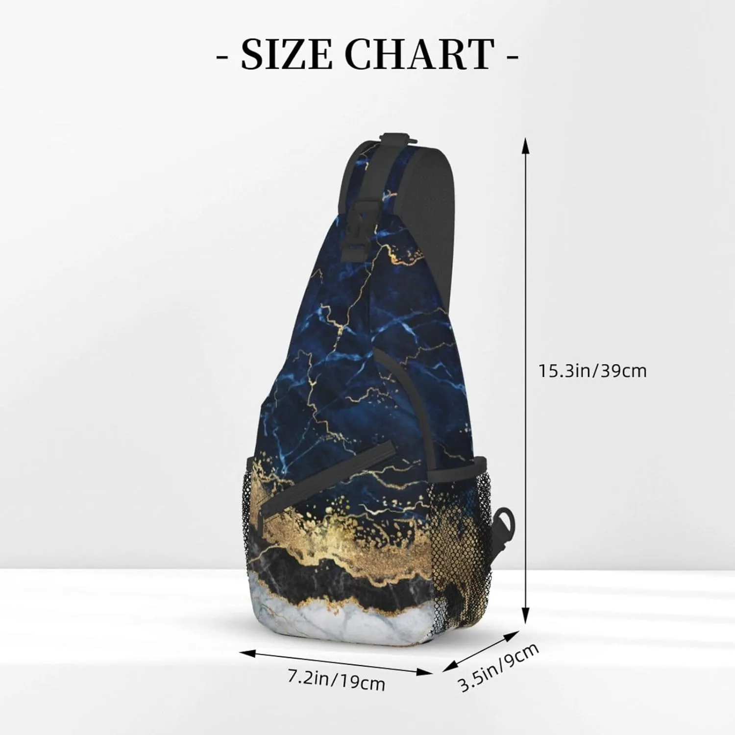 Gold White Marble Wave Navy Blue Sling Bag for Women Mens Crossbody Sling Backpack Travel Hiking Daypack Shoulder Chest Bag with Adjustable Strap