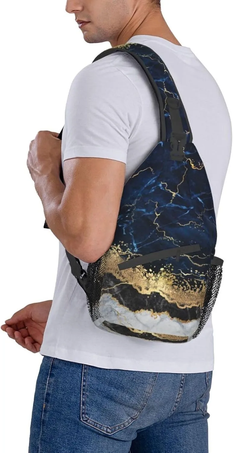 Gold White Marble Wave Navy Blue Sling Bag for Women Mens Crossbody Sling Backpack Travel Hiking Daypack Shoulder Chest Bag with Adjustable Strap