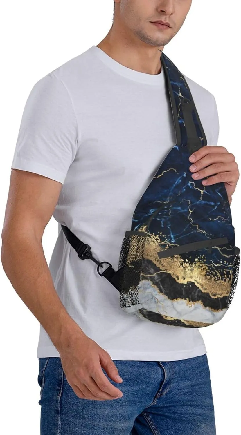 Gold White Marble Wave Navy Blue Sling Bag for Women Mens Crossbody Sling Backpack Travel Hiking Daypack Shoulder Chest Bag with Adjustable Strap