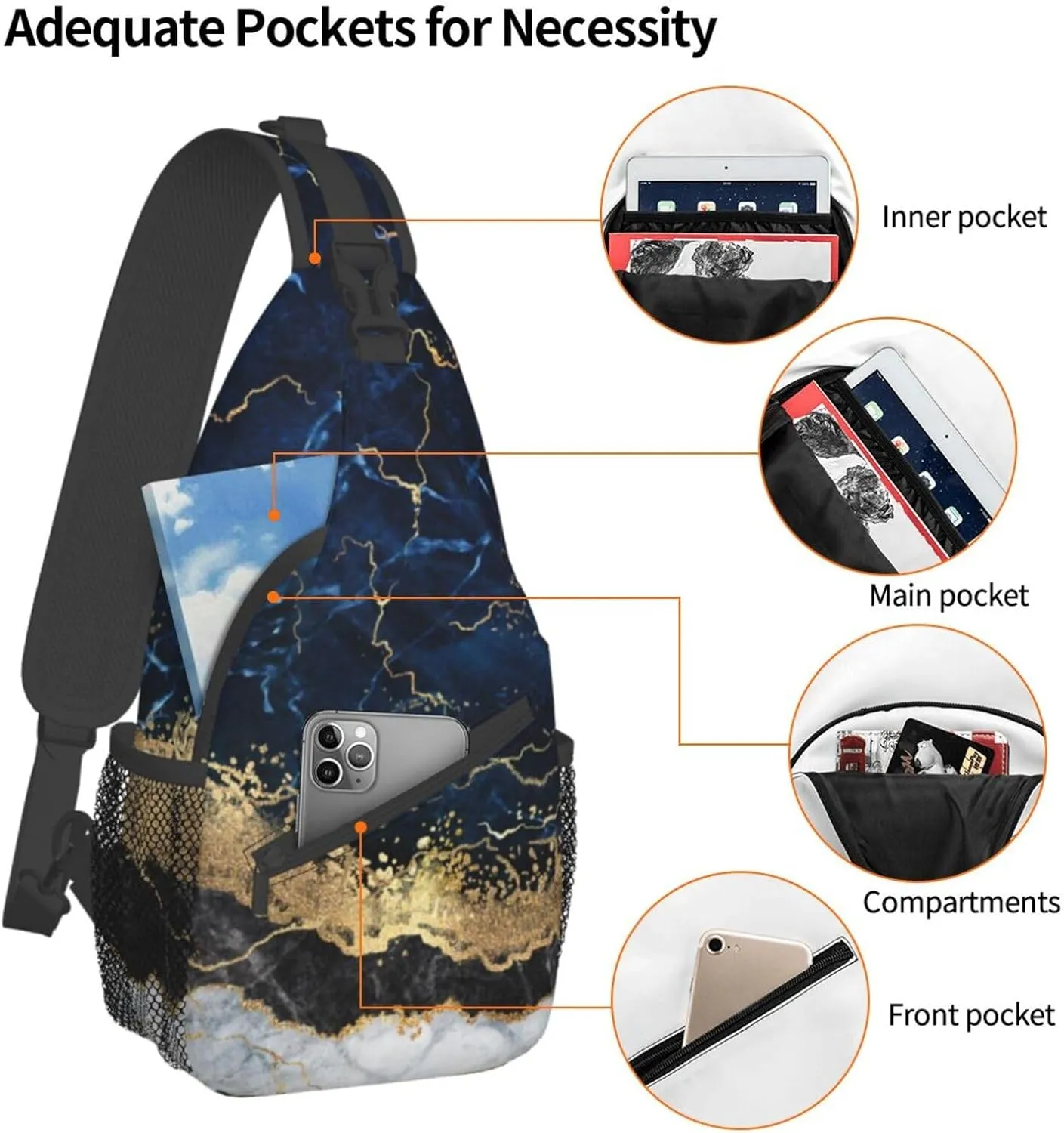 Gold White Marble Wave Navy Blue Sling Bag for Women Mens Crossbody Sling Backpack Travel Hiking Daypack Shoulder Chest Bag with Adjustable Strap
