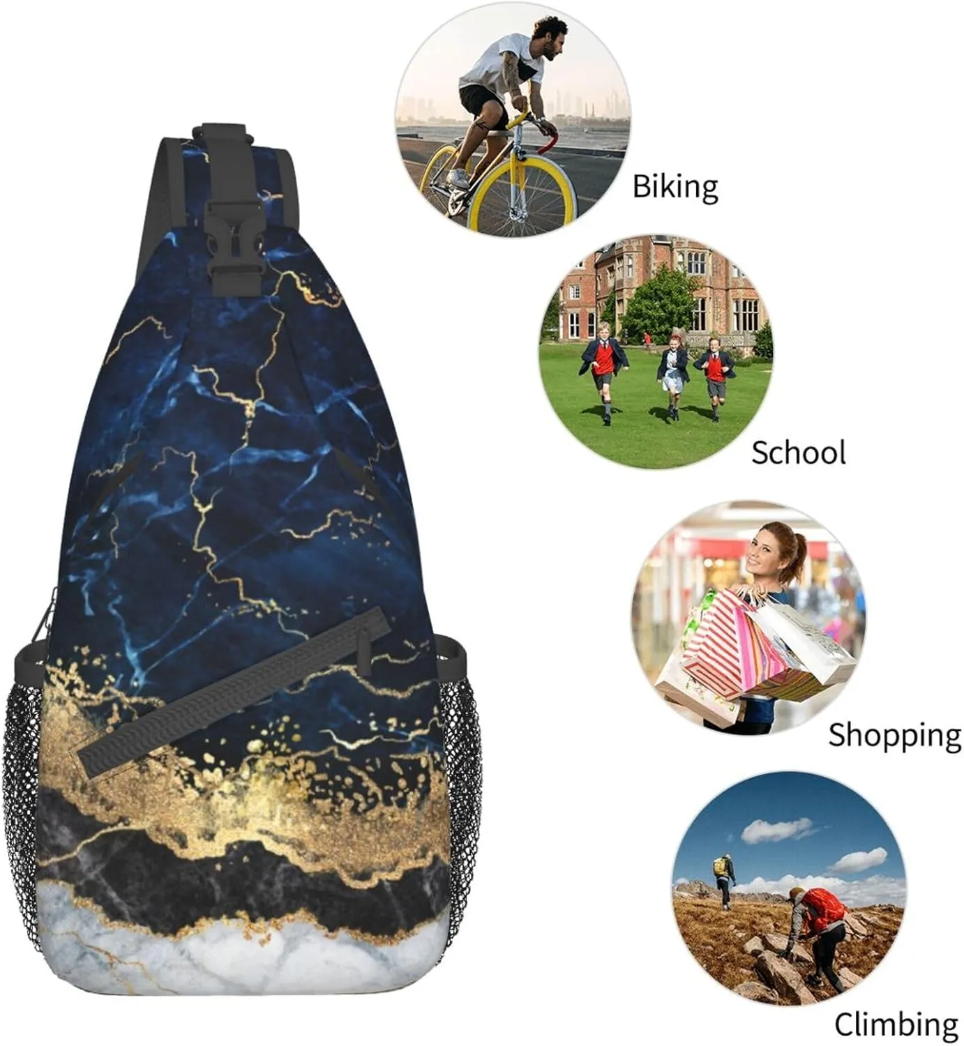 Gold White Marble Wave Navy Blue Sling Bag for Women Mens Crossbody Sling Backpack Travel Hiking Daypack Shoulder Chest Bag with Adjustable Strap