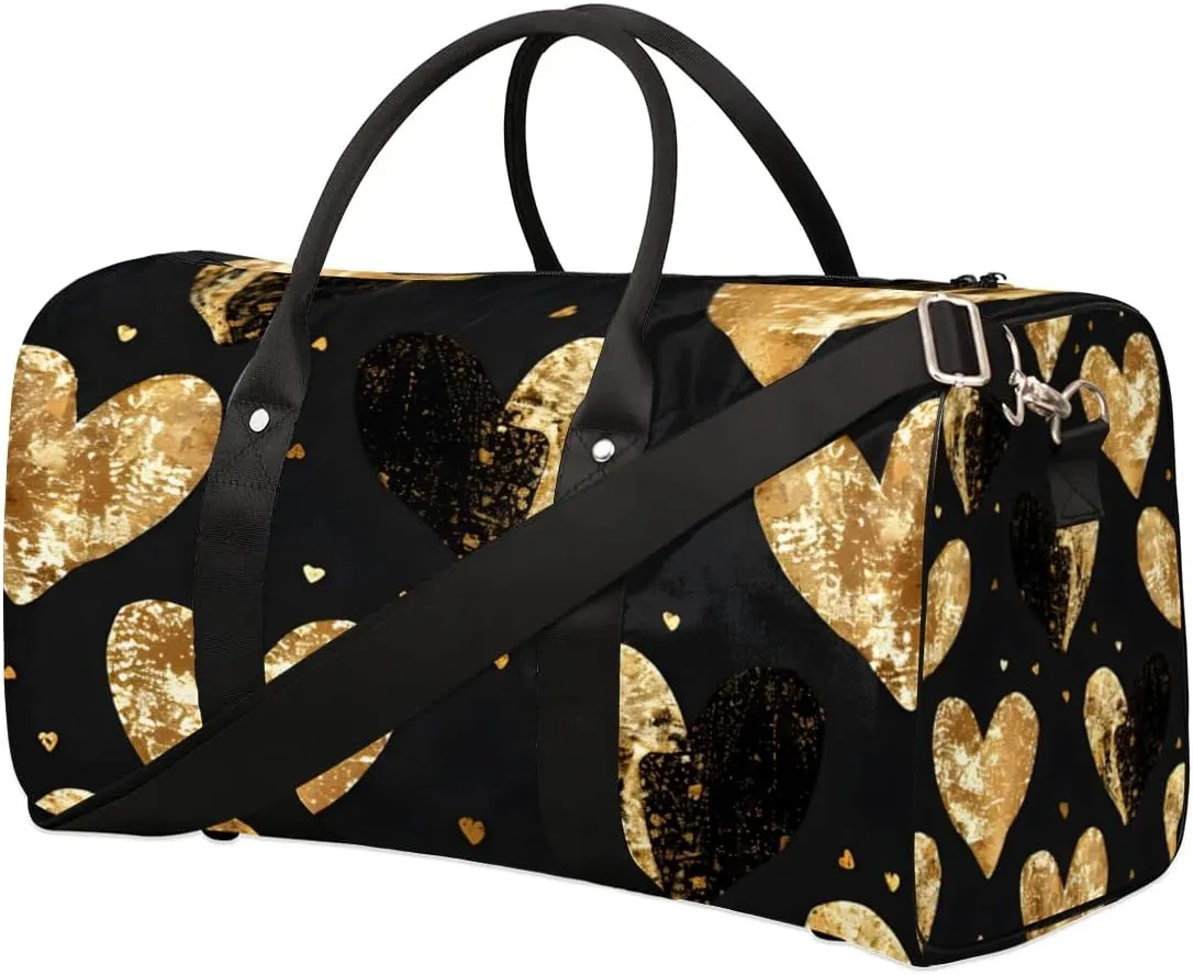 Golden Heart Pattern Travel Duffel bag for Men Women Weekender Overnight Bag Gym Bag Carry On Luggage Bags for Yoga Workout Sports