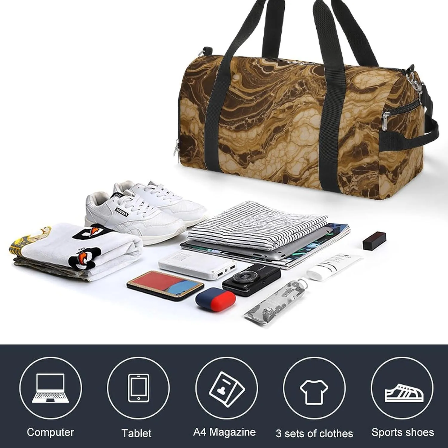 Golden Marble Sports Gym Bag Carry on Holdalls for Men Small Duffel Bags for Women with Shoe Compartment
