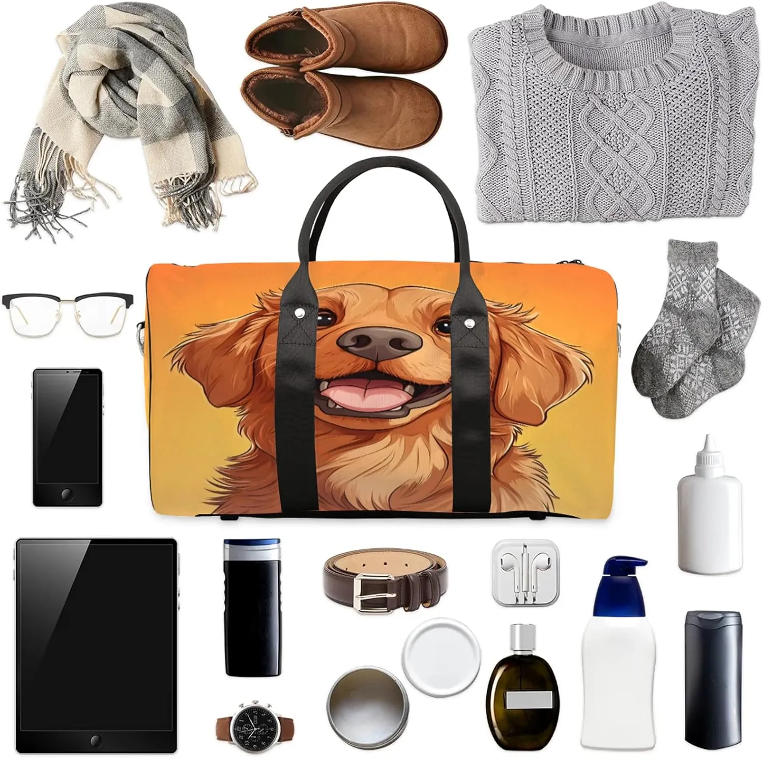 Golden Retriever Dog Duffle Bag for Travel, Overnight Weekend Gym Carry On Luggage Bag, Funny Travel Duffel Bag for Men Women