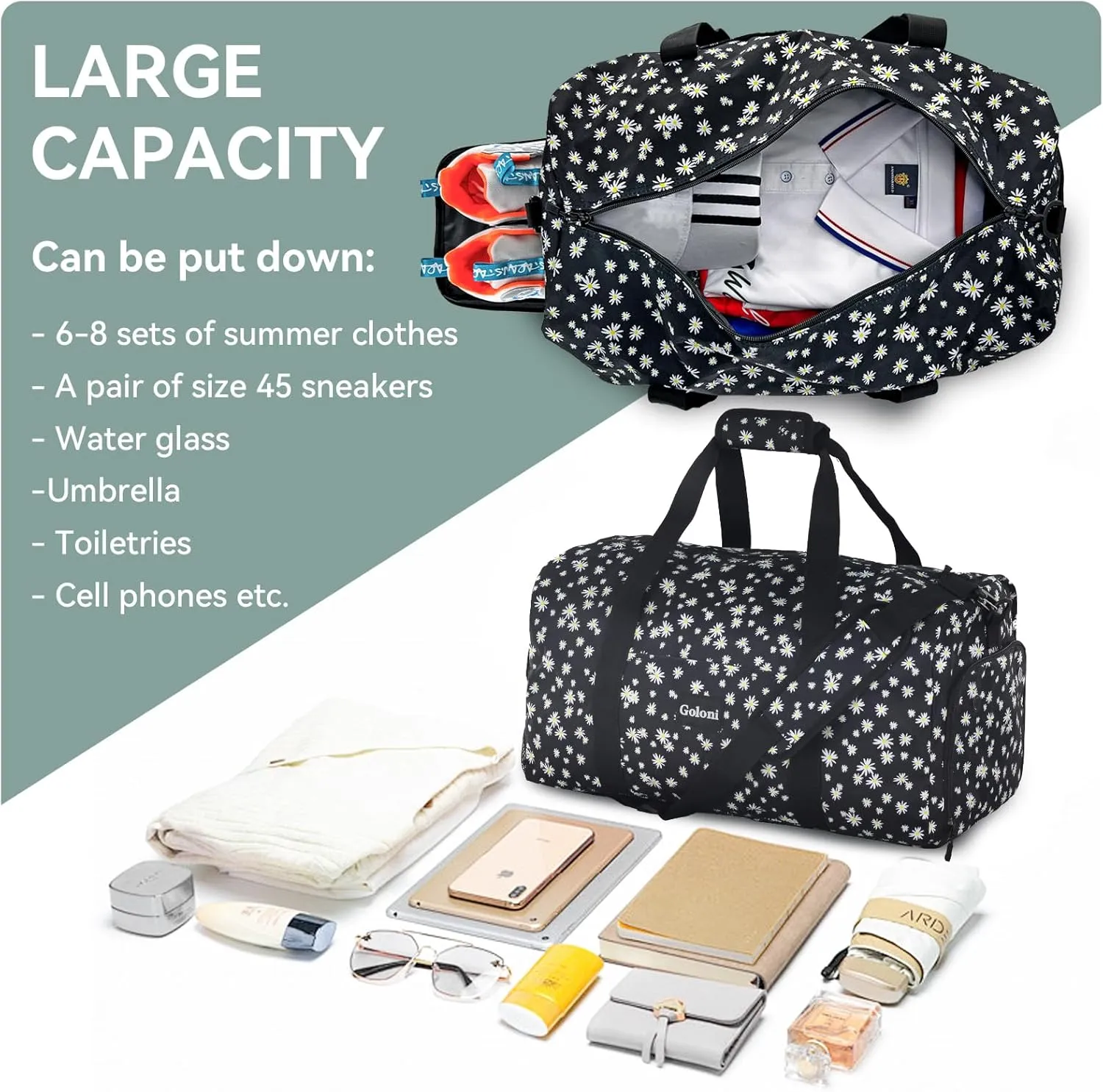 Goloni Cute Duffle Bag for Women, Gym Bag with Shoe Compartment, Lightweight Weekend Travel Duffel Bag,Overnight Bag with Wet Pocket