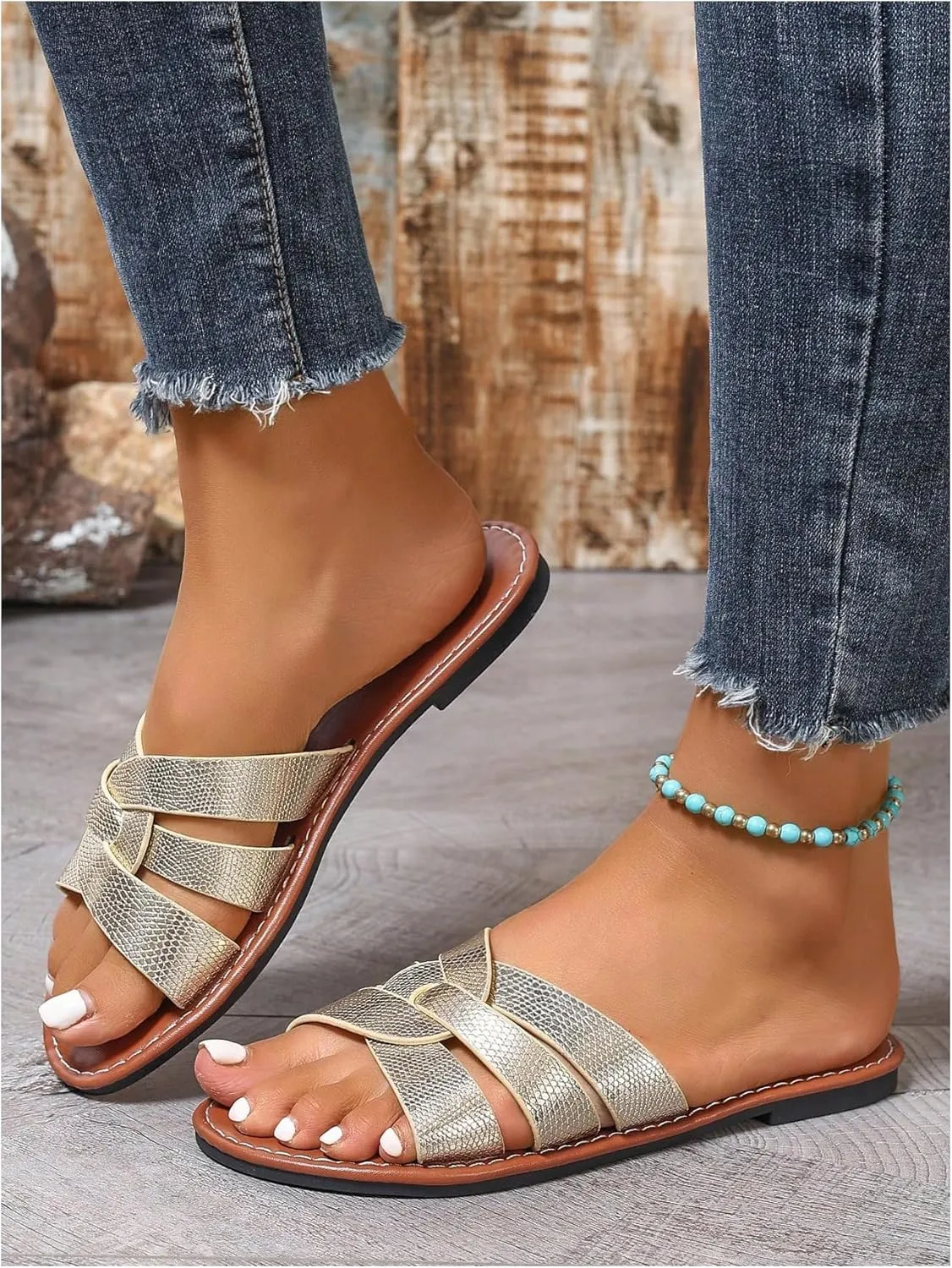 GORGLITTER Women's Twist Cross Strappy Dressy Sandals Metallic Open Toe Summer Flat Sandals