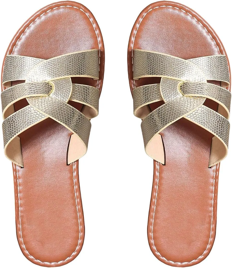 GORGLITTER Women's Twist Cross Strappy Dressy Sandals Metallic Open Toe Summer Flat Sandals