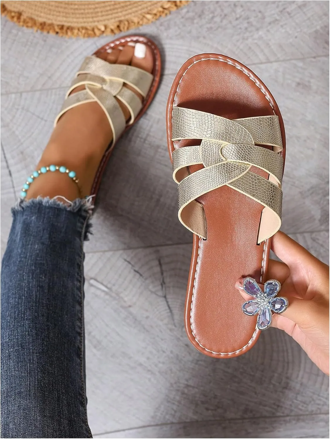 GORGLITTER Women's Twist Cross Strappy Dressy Sandals Metallic Open Toe Summer Flat Sandals