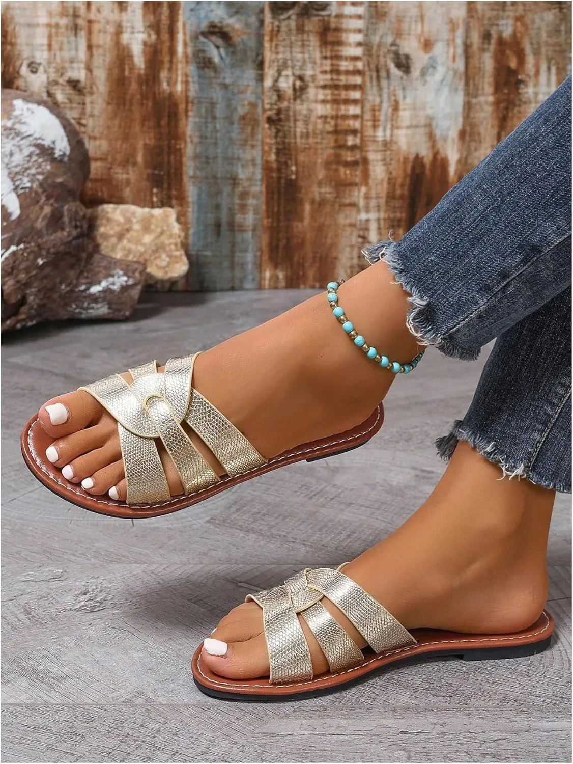 GORGLITTER Women's Twist Cross Strappy Dressy Sandals Metallic Open Toe Summer Flat Sandals