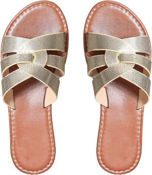 GORGLITTER Women's Twist Cross Strappy Dressy Sandals Metallic Open Toe Summer Flat Sandals