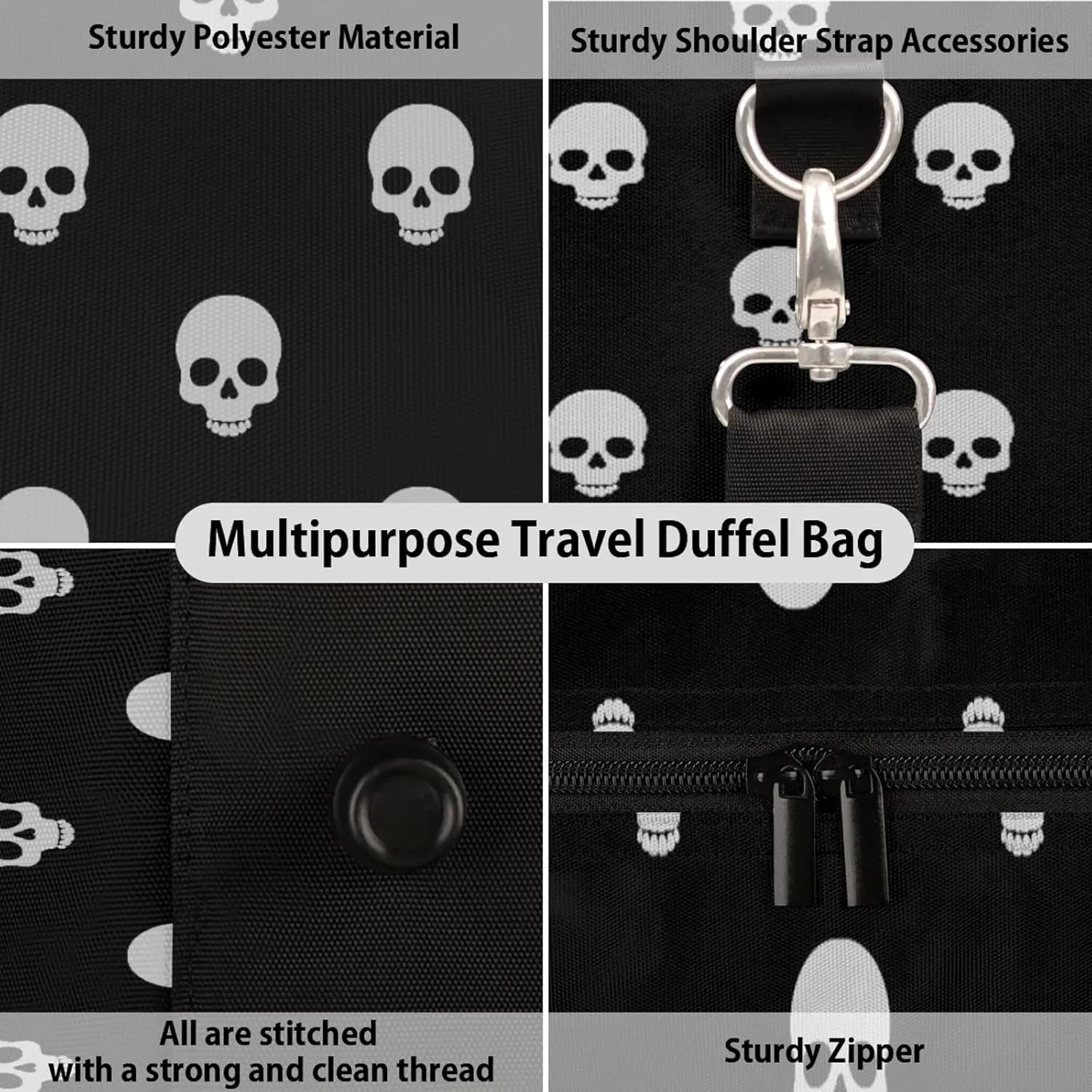 Gothic Skull Travel Duffle Bag, Weekender Bags for Women Men, Carry on Overnight Bag Waterproof Gym Bags, Hospital Bag for Labor and Delivery