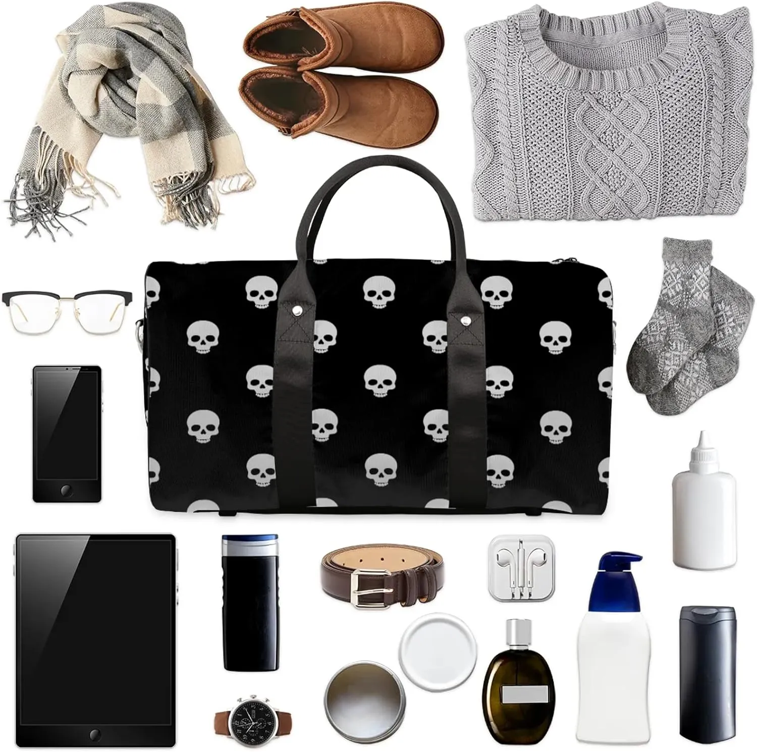 Gothic Skull Travel Duffle Bag, Weekender Bags for Women Men, Carry on Overnight Bag Waterproof Gym Bags, Hospital Bag for Labor and Delivery