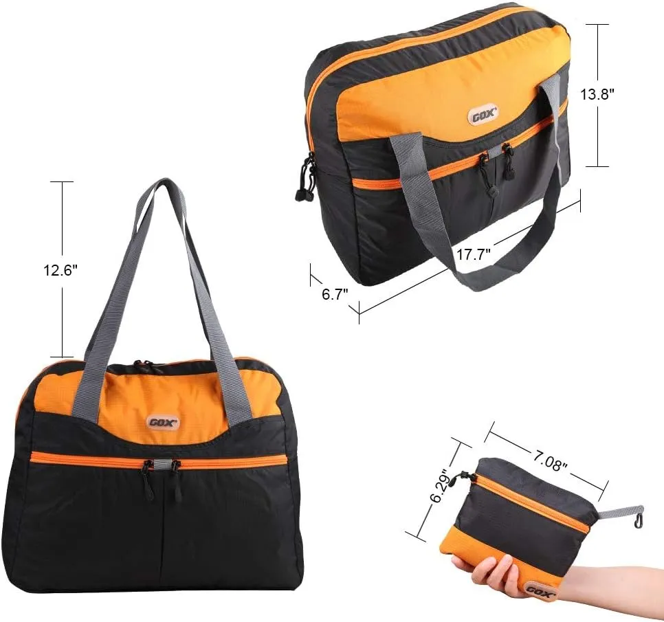 GOX Large Foldable Travel Duffel Bag Packable Tote Bag Carry on Luggage Weekender Overnight Bag Lightweight (Black&Orange)