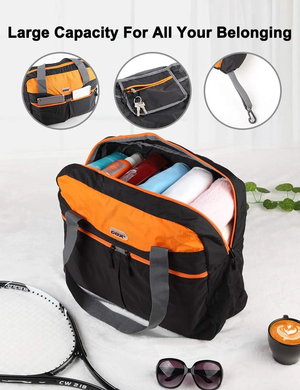 GOX Large Foldable Travel Duffel Bag Packable Tote Bag Carry on Luggage Weekender Overnight Bag Lightweight (Black&Orange)