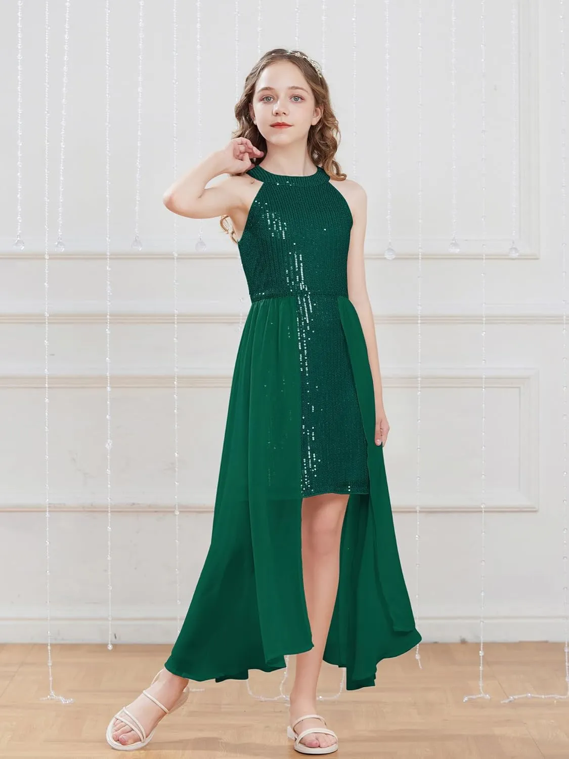 GRACE KARIN Girls Halter Neck Sequin Dress 6-14Y Kids Fancy Formal Party Prom Sparkly Pageant Birthday Graduation Dresses