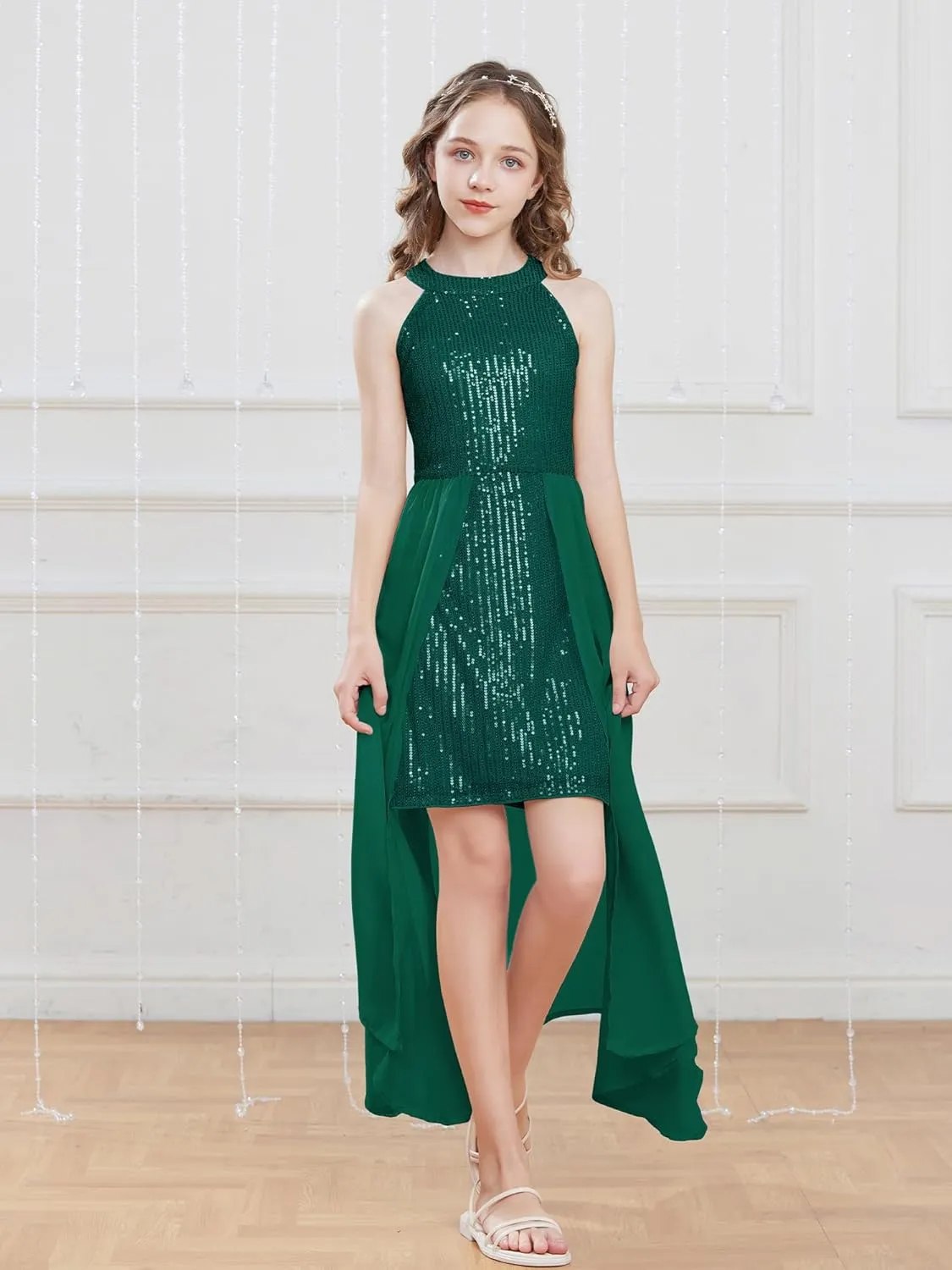 GRACE KARIN Girls Halter Neck Sequin Dress 6-14Y Kids Fancy Formal Party Prom Sparkly Pageant Birthday Graduation Dresses
