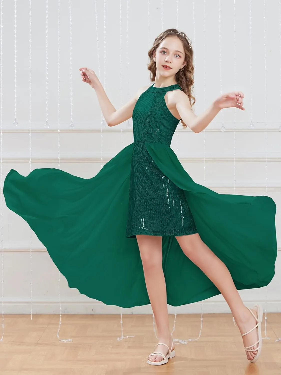 GRACE KARIN Girls Halter Neck Sequin Dress 6-14Y Kids Fancy Formal Party Prom Sparkly Pageant Birthday Graduation Dresses