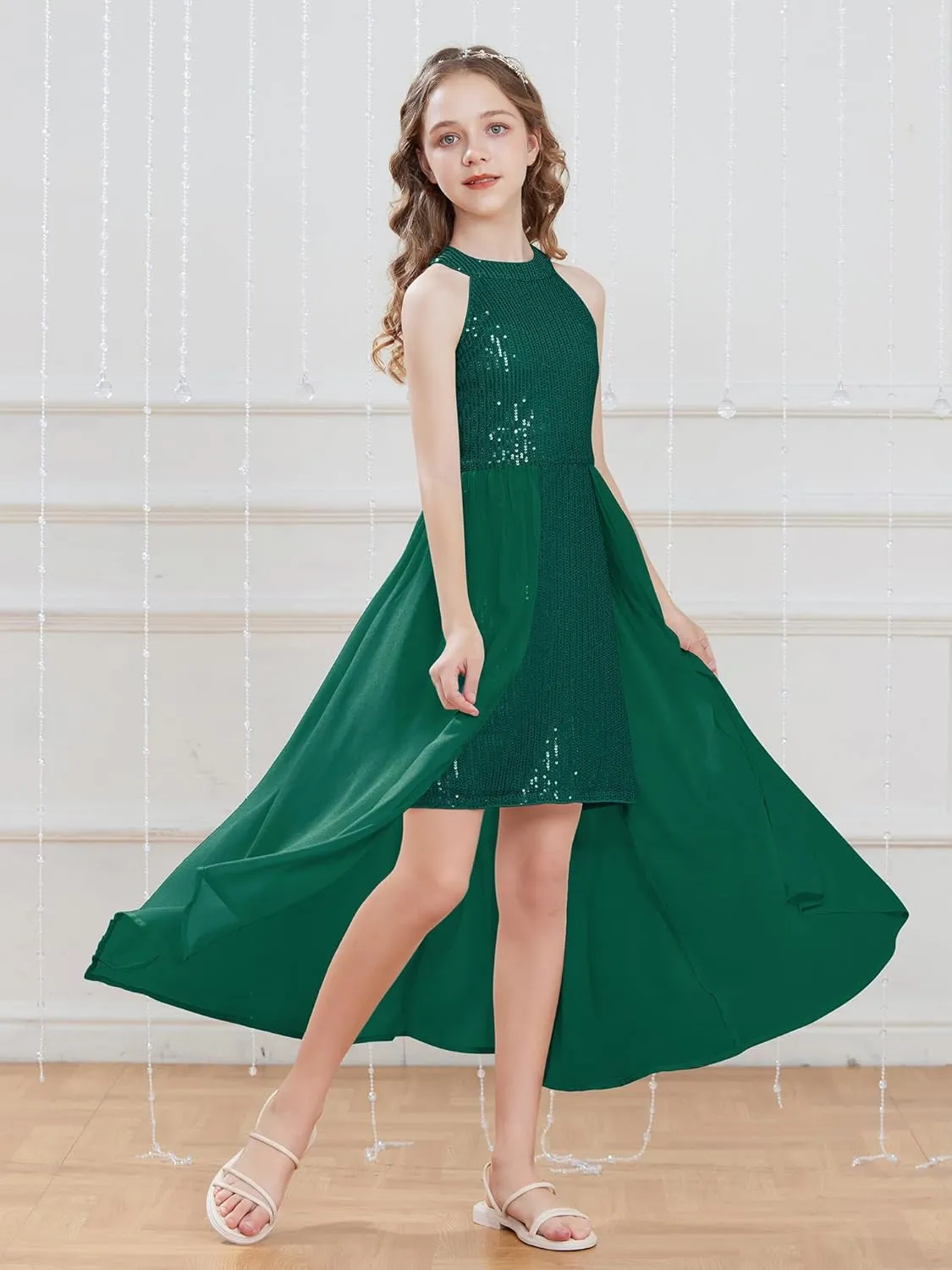 GRACE KARIN Girls Halter Neck Sequin Dress 6-14Y Kids Fancy Formal Party Prom Sparkly Pageant Birthday Graduation Dresses