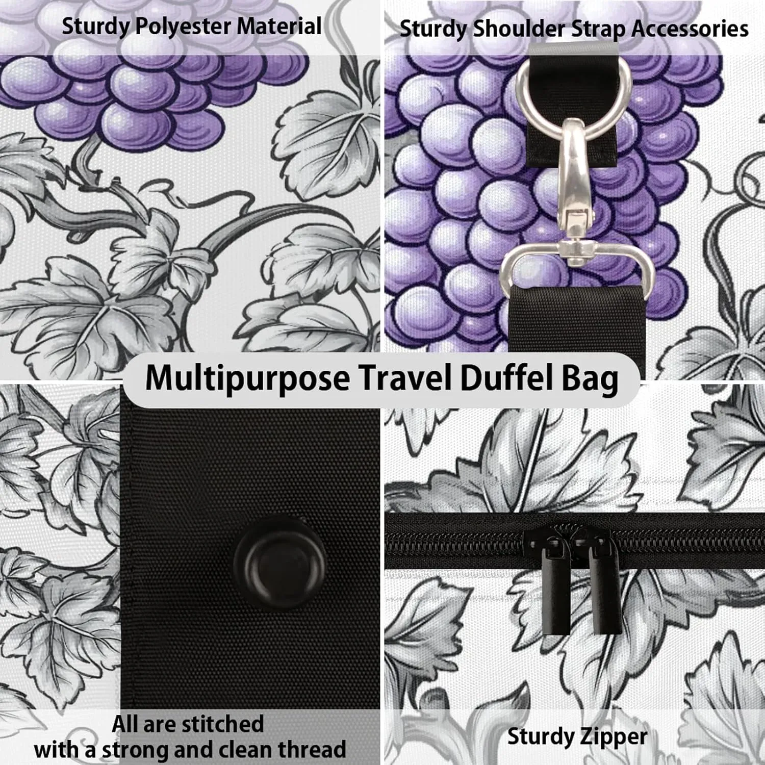Grape Duffle Bag for Travel, Overnight Weekend Gym Carry On Luggage Bag, Purple Fruit Travel Duffel Bag for Men Women