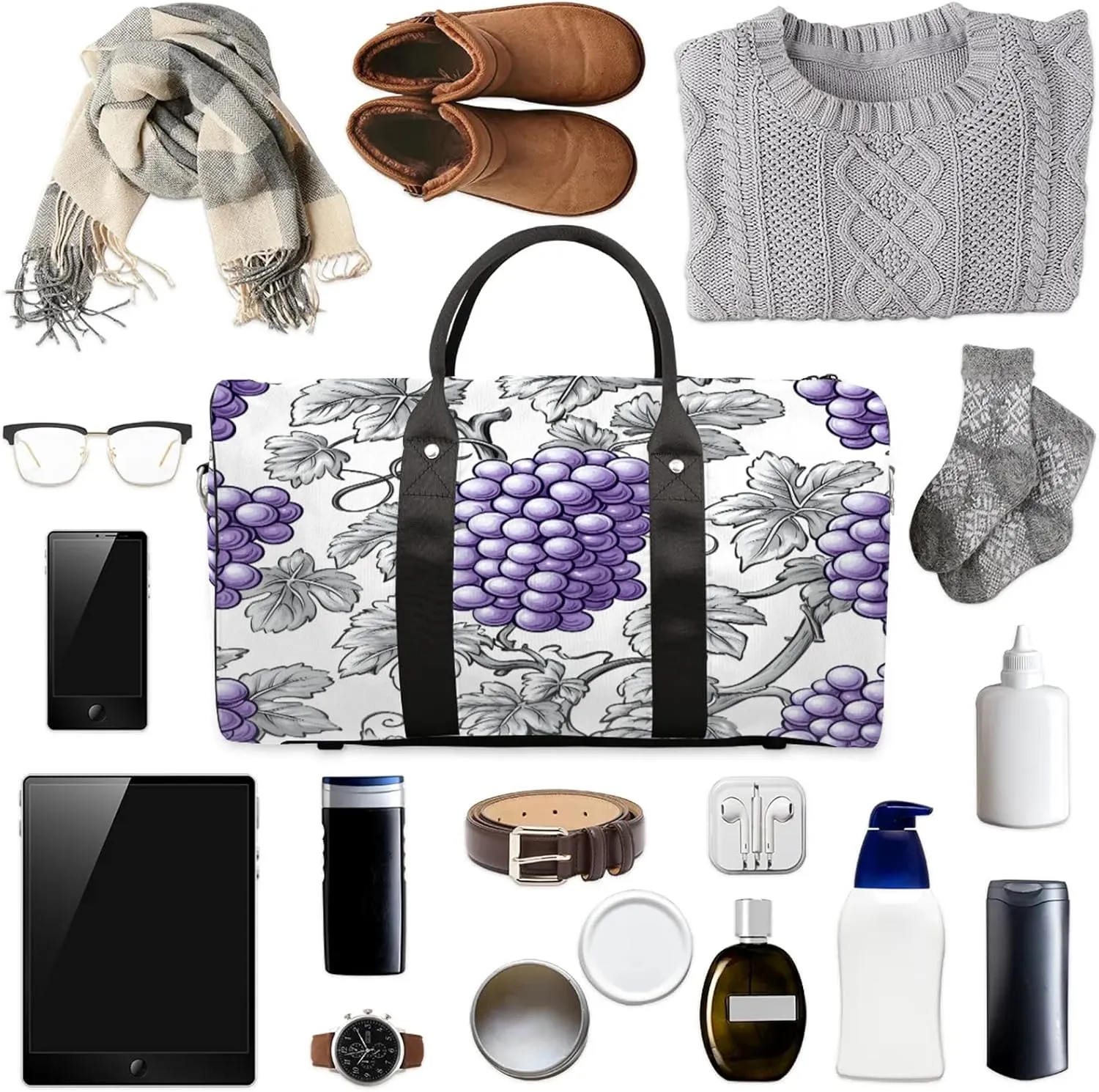 Grape Duffle Bag for Travel, Overnight Weekend Gym Carry On Luggage Bag, Purple Fruit Travel Duffel Bag for Men Women