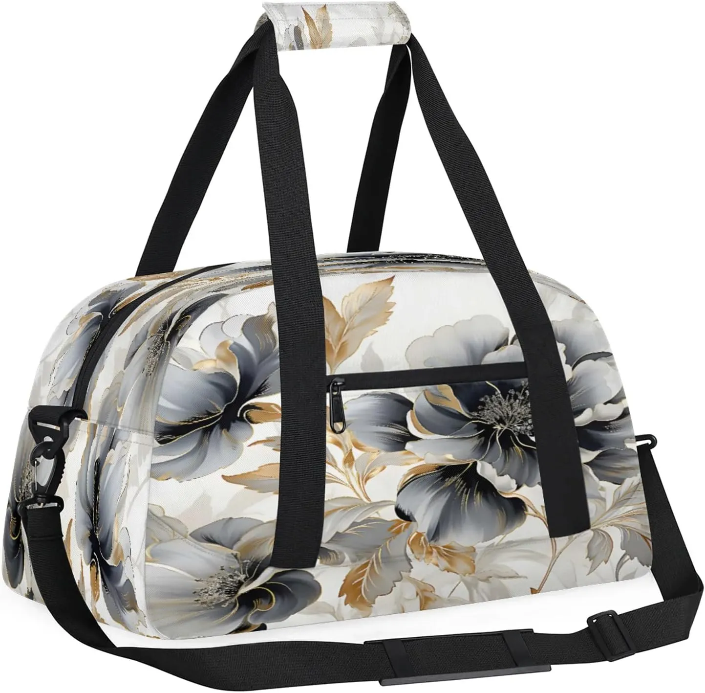 Gray Gold Marble Floral Small Gym Bag 18 inch Carry On Duffel Bag for Weekender Travel Sports Workout Yoga Gymnastics Dance Ballet