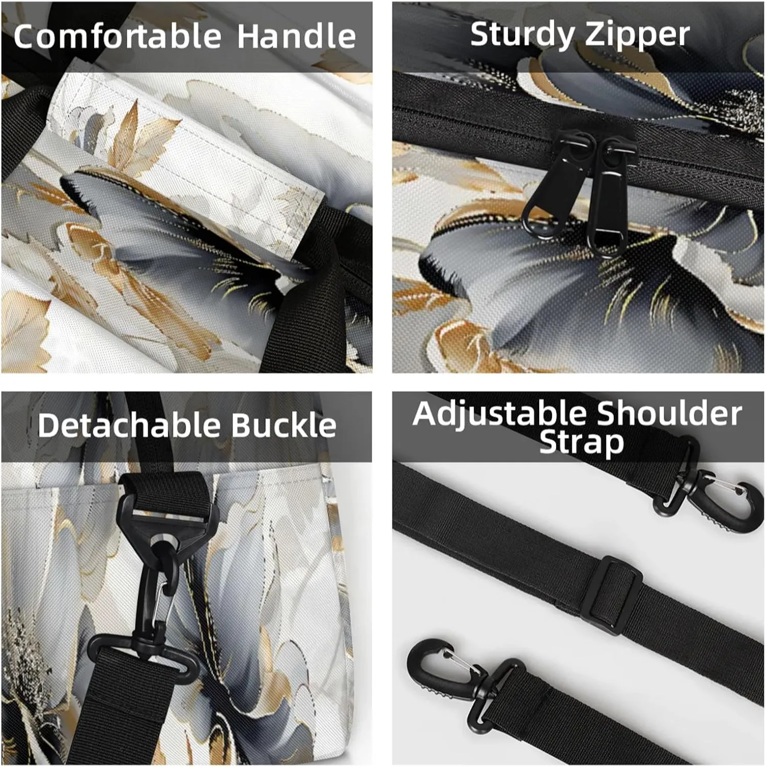 Gray Gold Marble Floral Small Gym Bag 18 inch Carry On Duffel Bag for Weekender Travel Sports Workout Yoga Gymnastics Dance Ballet