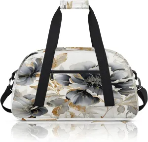 Gray Gold Marble Floral Small Gym Bag 18 inch Carry On Duffel Bag for Weekender Travel Sports Workout Yoga Gymnastics Dance Ballet