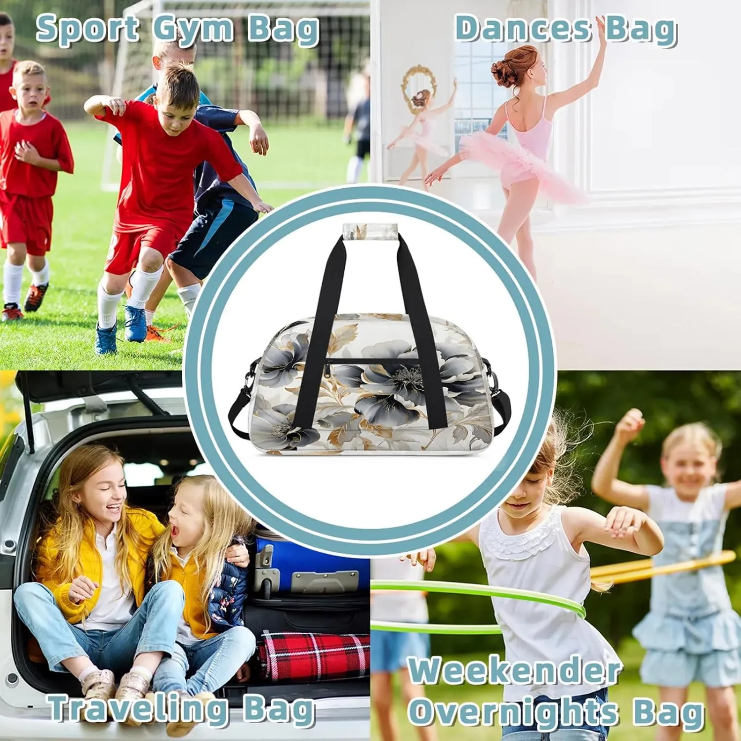 Gray Gold Marble Floral Small Gym Bag 18 inch Carry On Duffel Bag for Weekender Travel Sports Workout Yoga Gymnastics Dance Ballet