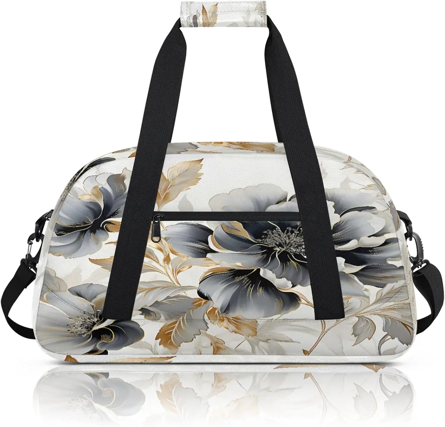 Gray Gold Marble Floral Small Gym Bag 18 inch Carry On Duffel Bag for Weekender Travel Sports Workout Yoga Gymnastics Dance Ballet