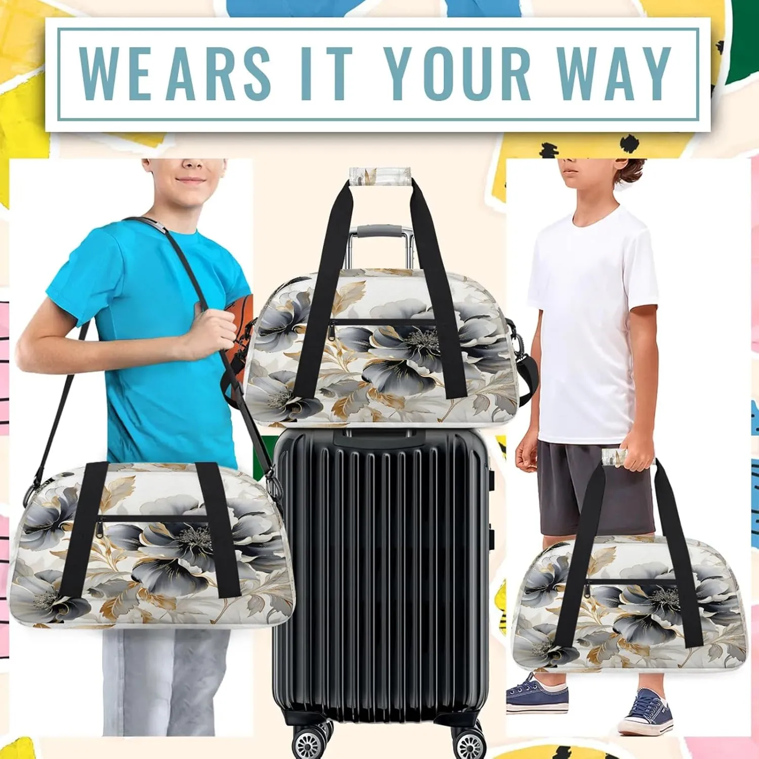 Gray Gold Marble Floral Small Gym Bag 18 inch Carry On Duffel Bag for Weekender Travel Sports Workout Yoga Gymnastics Dance Ballet