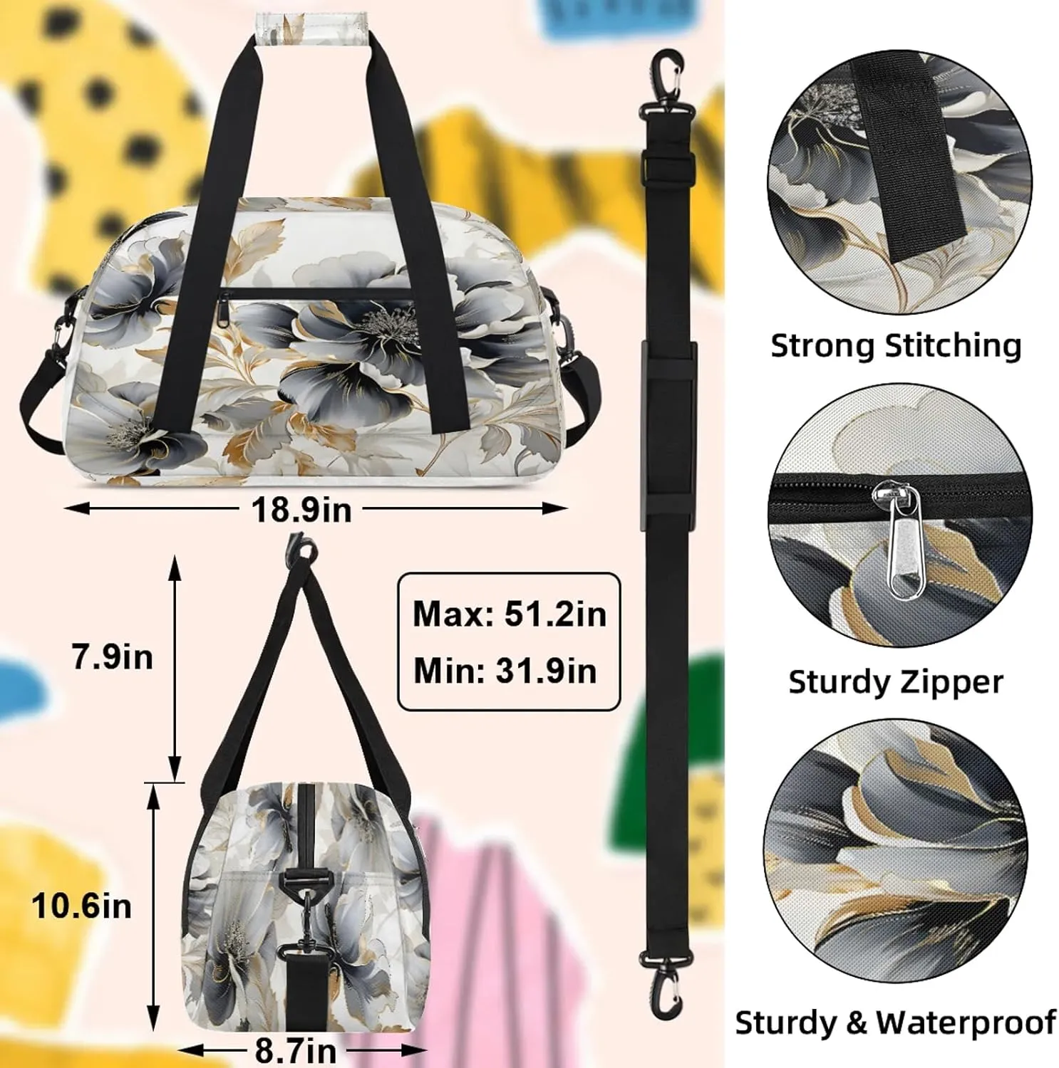 Gray Gold Marble Floral Small Gym Bag 18 inch Carry On Duffel Bag for Weekender Travel Sports Workout Yoga Gymnastics Dance Ballet