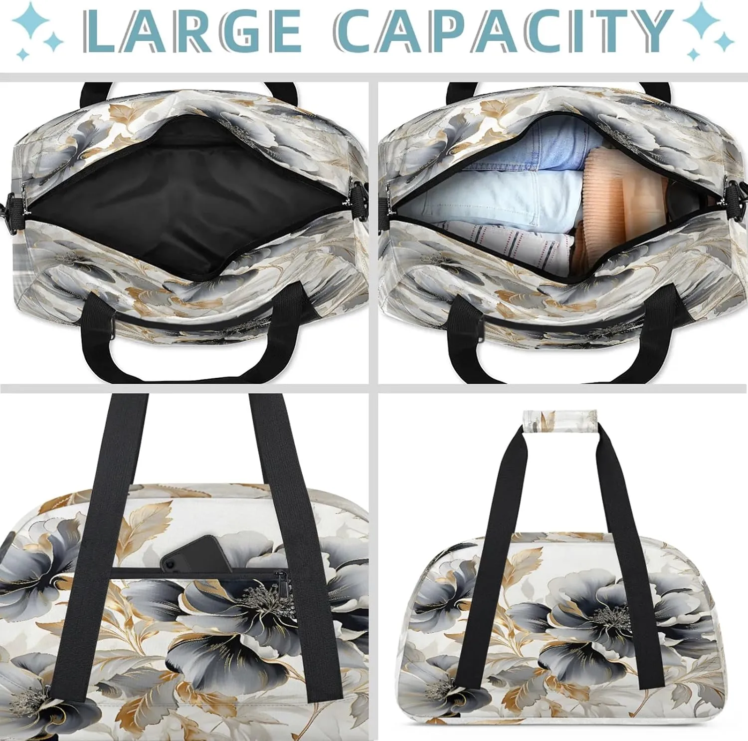 Gray Gold Marble Floral Small Gym Bag 18 inch Carry On Duffel Bag for Weekender Travel Sports Workout Yoga Gymnastics Dance Ballet