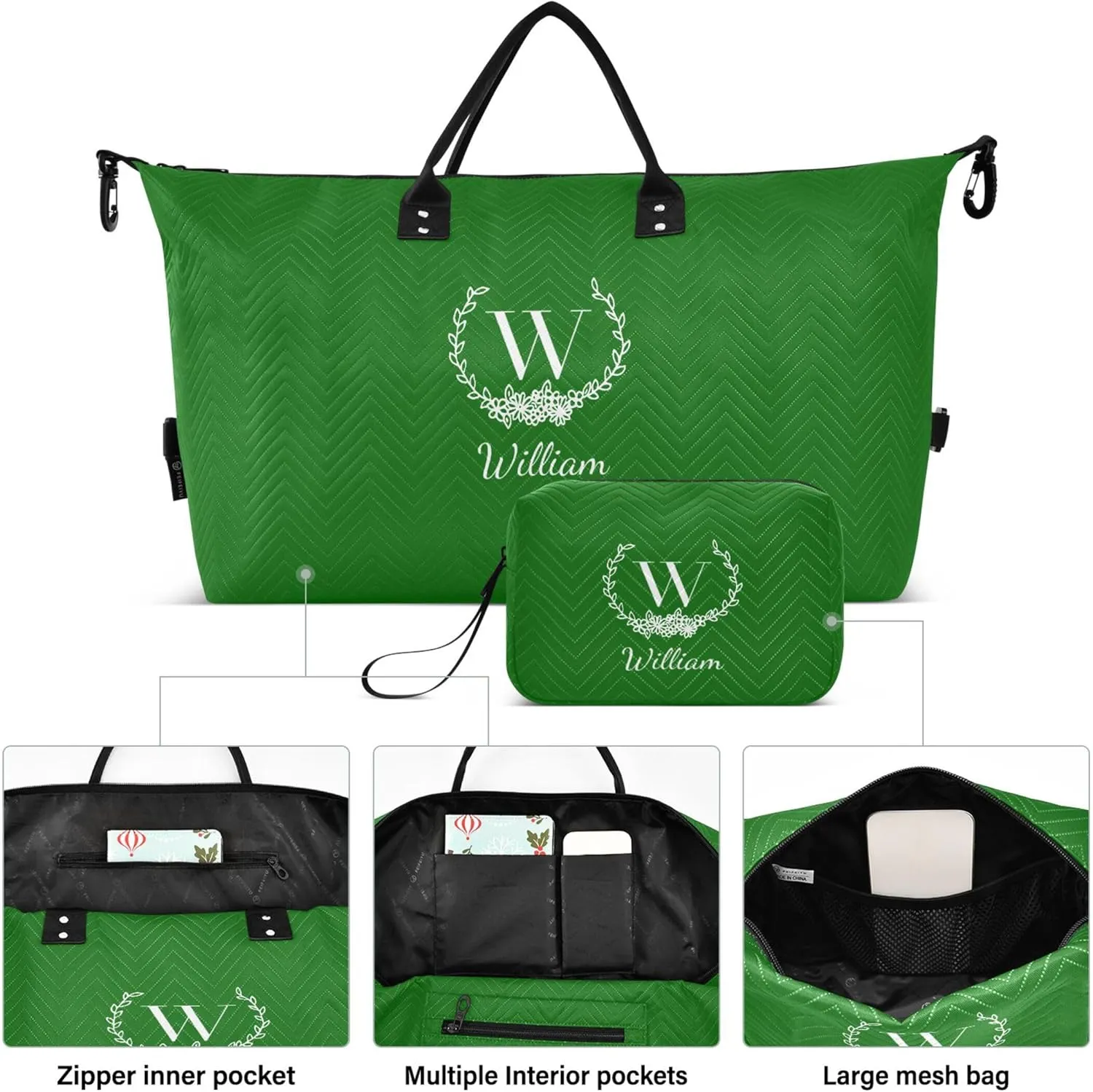 Green Custom Travel Duffel Bag with Toiletry Bag Personalized Weekender Bag for Trips Sports Business Large Gym Carry On Bag for Women & Men