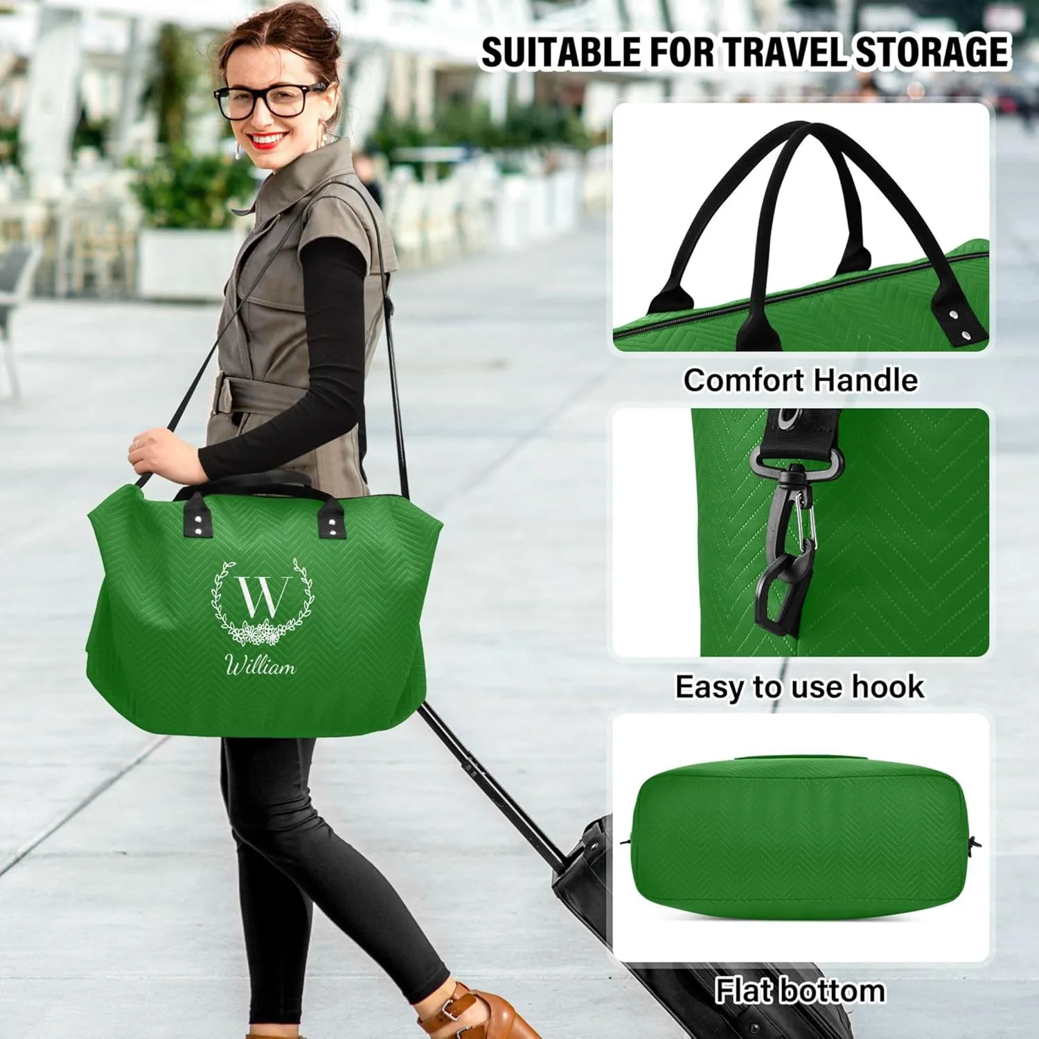 Green Custom Travel Duffel Bag with Toiletry Bag Personalized Weekender Bag for Trips Sports Business Large Gym Carry On Bag for Women & Men